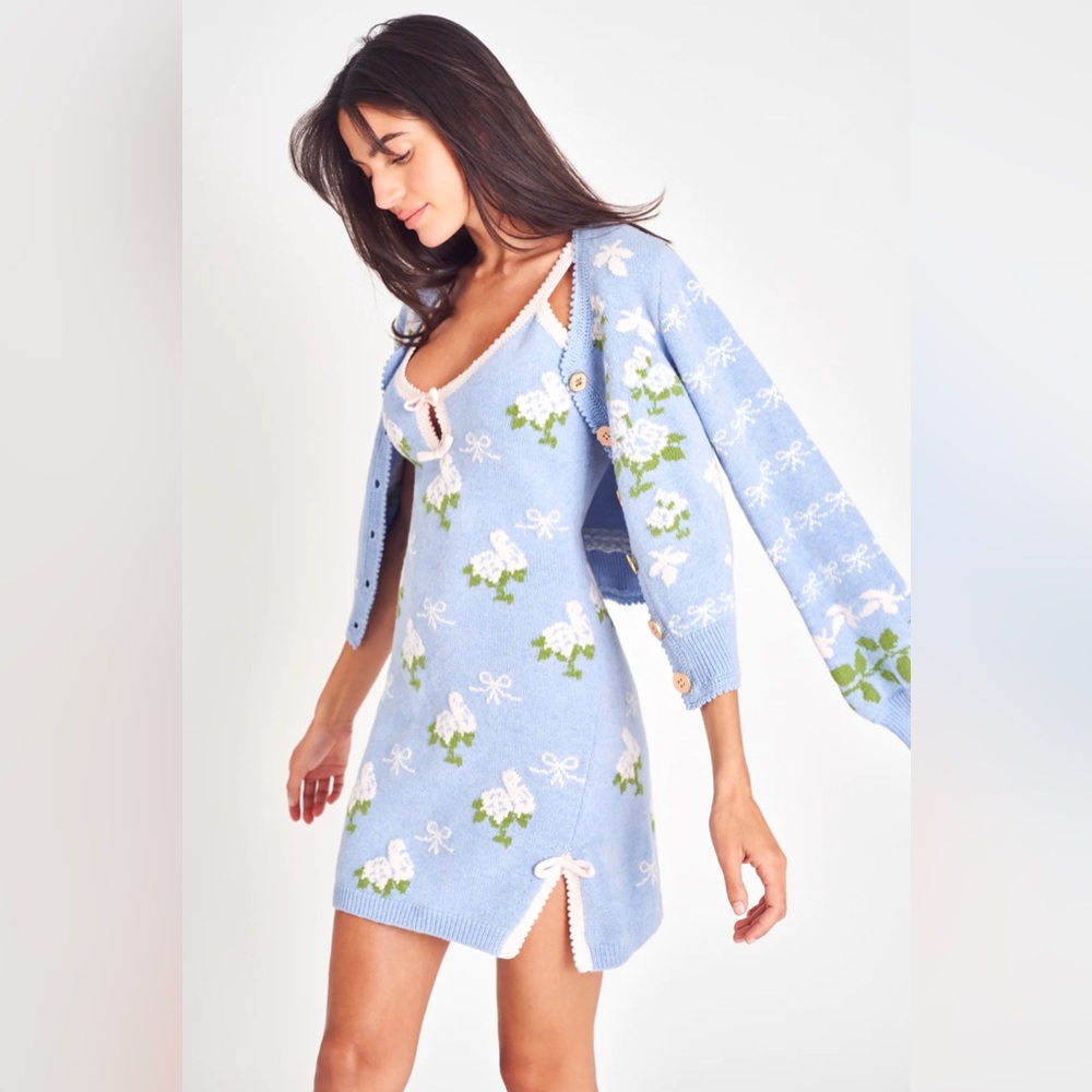 LoveShackFancy Lopez Mini Dress Periwinkle Orchard Large Knit NWT - Picture 4 of 16